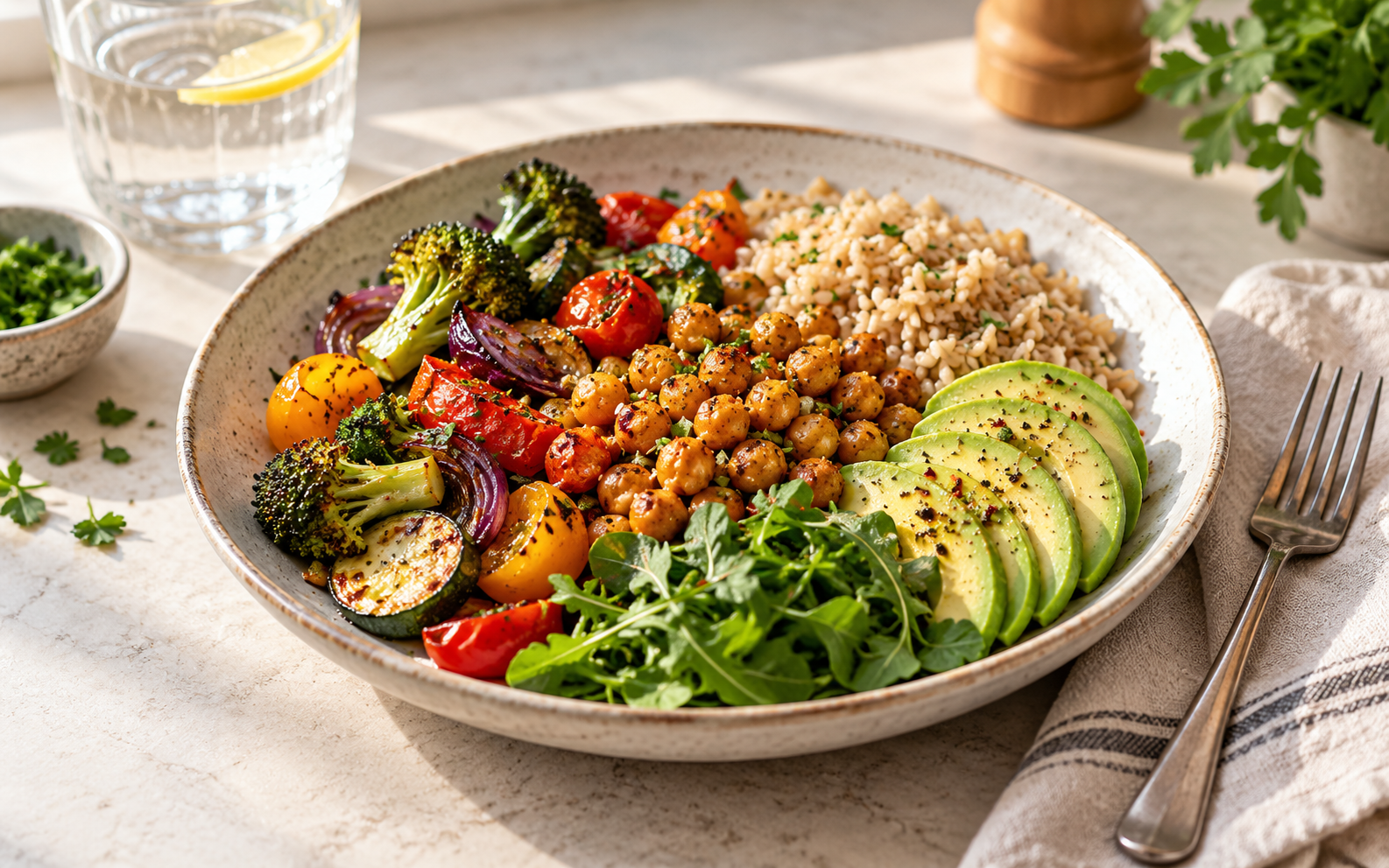 A balanced plate of vegetables, chickpeas, brown rice and avocado