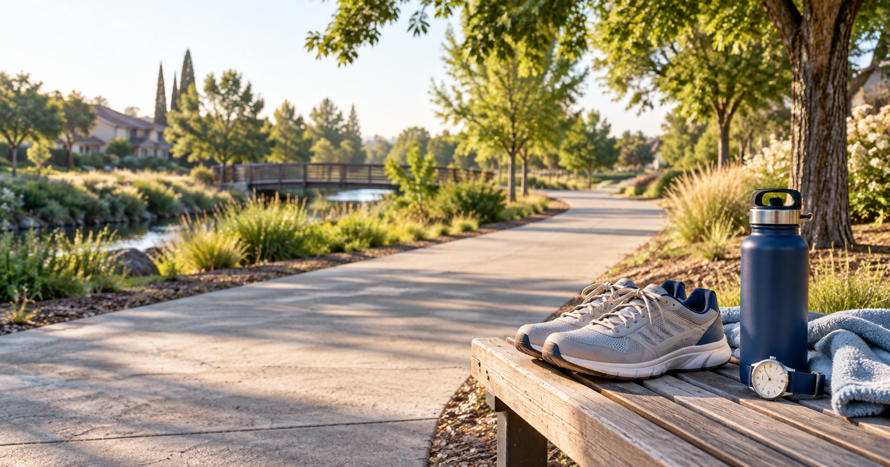Walking shoes, water bottle and watch beside a sunlit neighborhood path