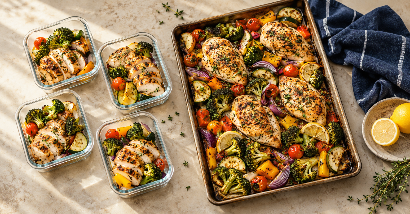 Sheet pan with roasted lemon-herb chicken and vegetables beside four prepared lunch containers