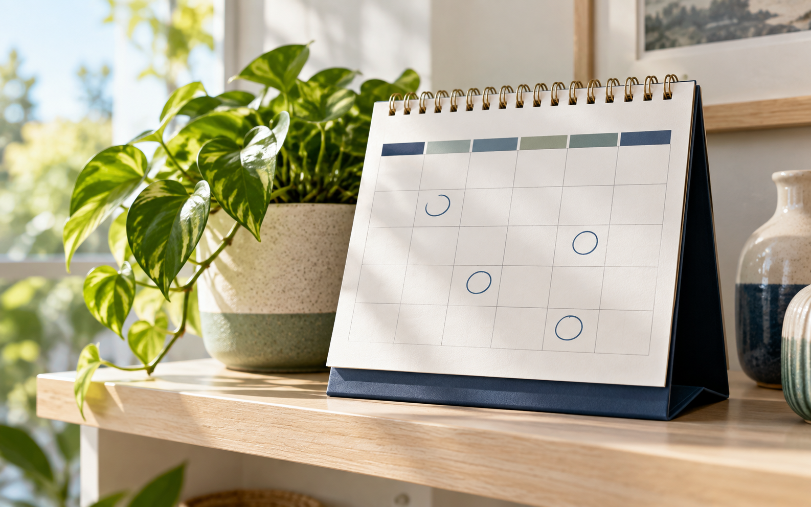 Calendar with check-in reminders beside a leafy plant
