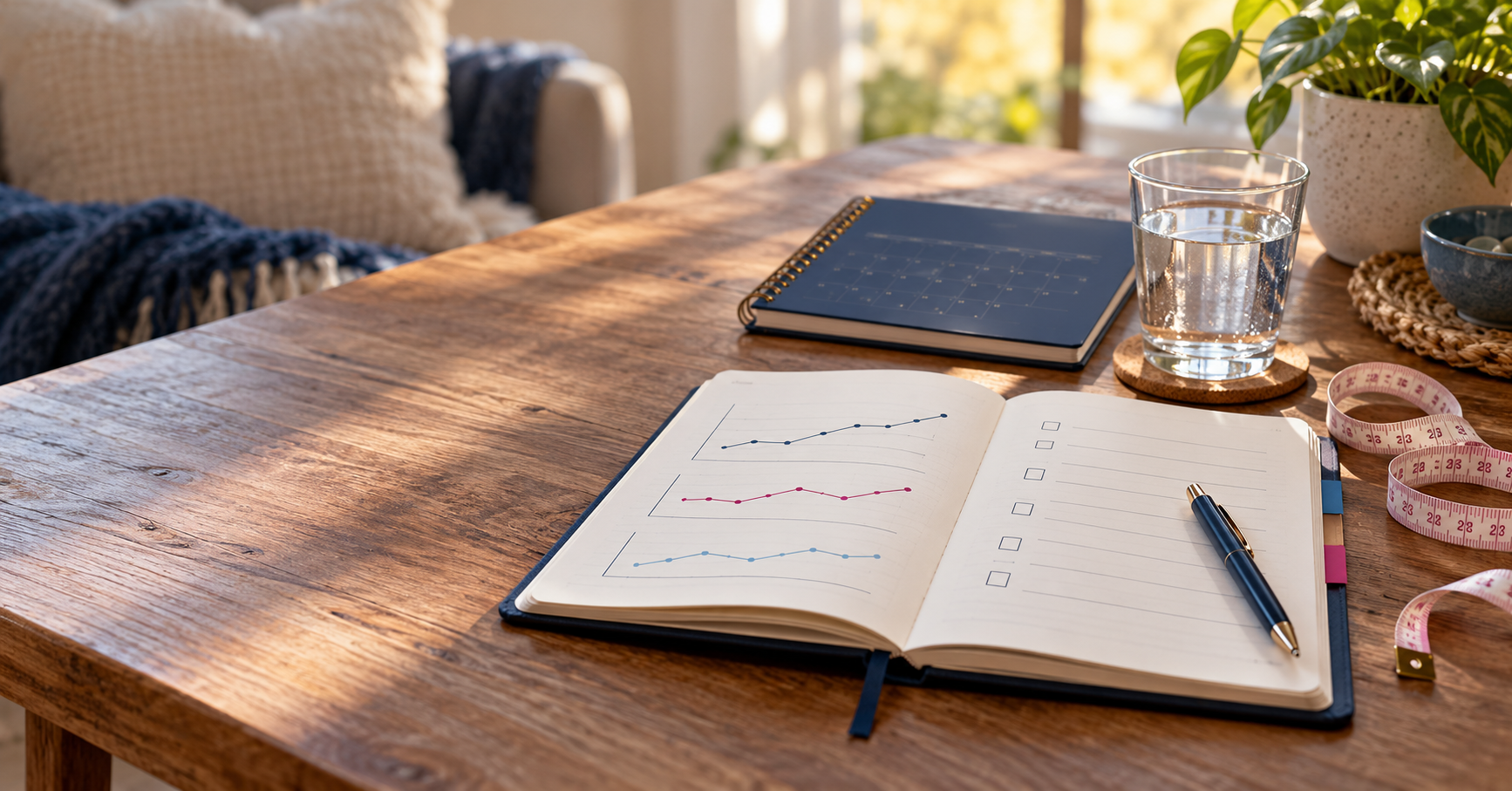 Open notebook with simple progress lines, checkboxes, water and a measuring tape on a home table