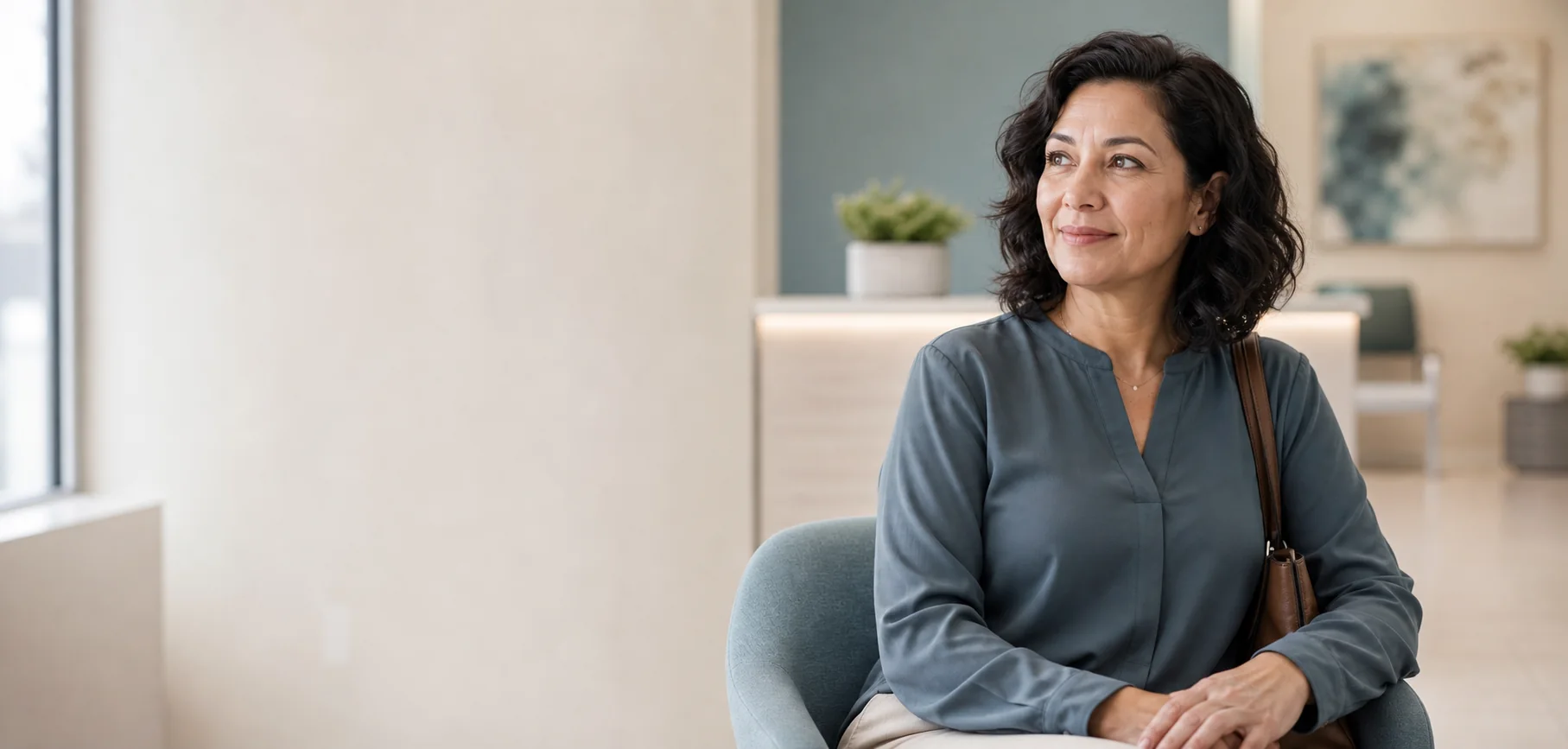 A patient preparing for a conversation at a modern wellness clinic